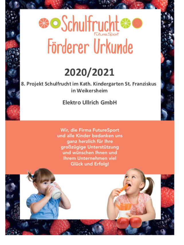 Schulfrucht Förderer Urkunde bei Elektro Ullrich GmbH in Weikersheim